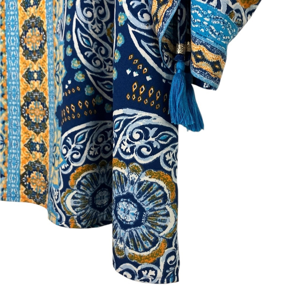 Belle by Kim Gravel Medallion Ruched-Sleeve Blouse Boho Artsy Popover Blue 2X - Picture 3 of 7